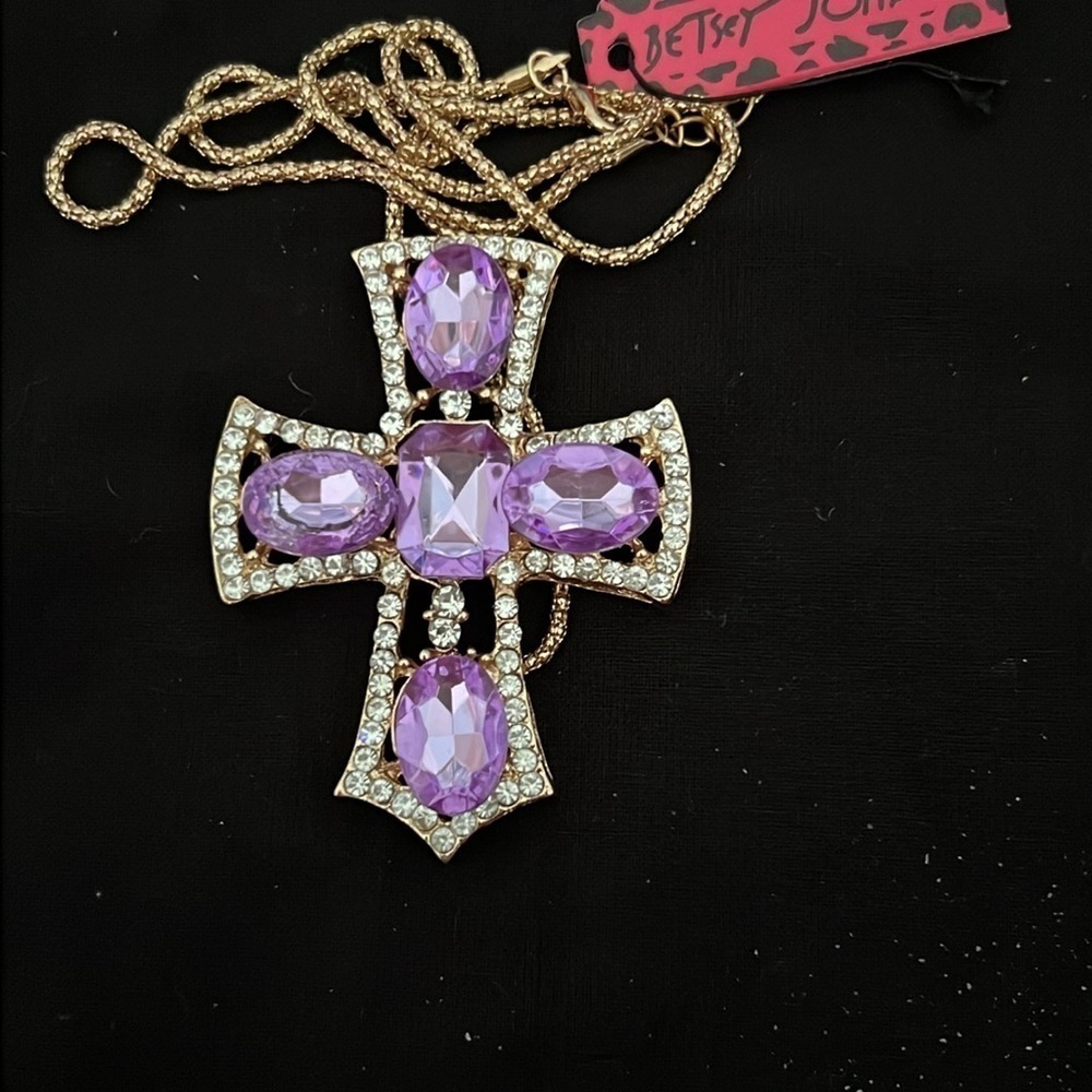 Betsey Johnson Gold Purple Crystal Cross Necklace - Picture 2 of 4
